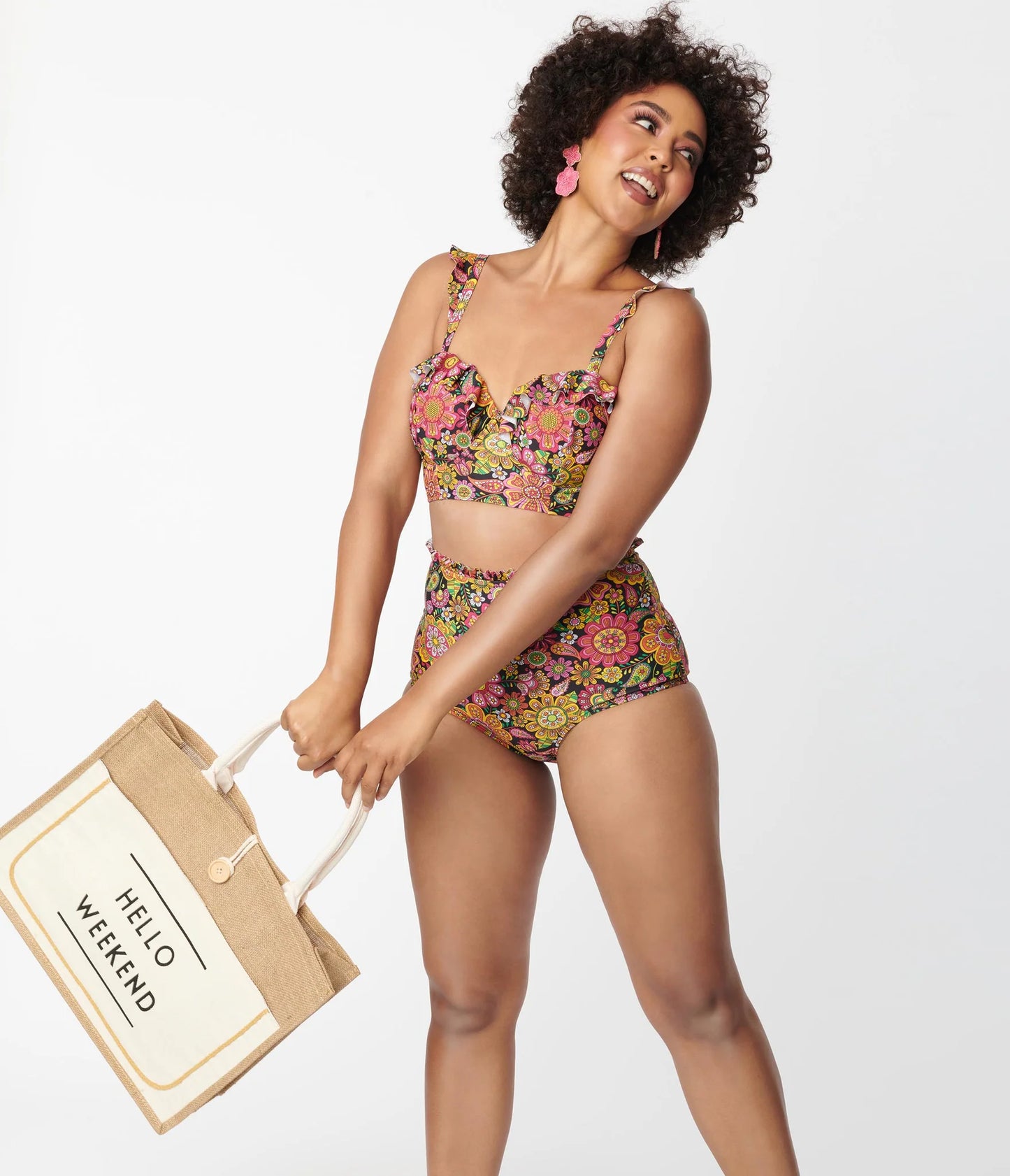 Kaleidoscope Floral Ruffle High Waist Bikini By Unique Vintage - S-3X