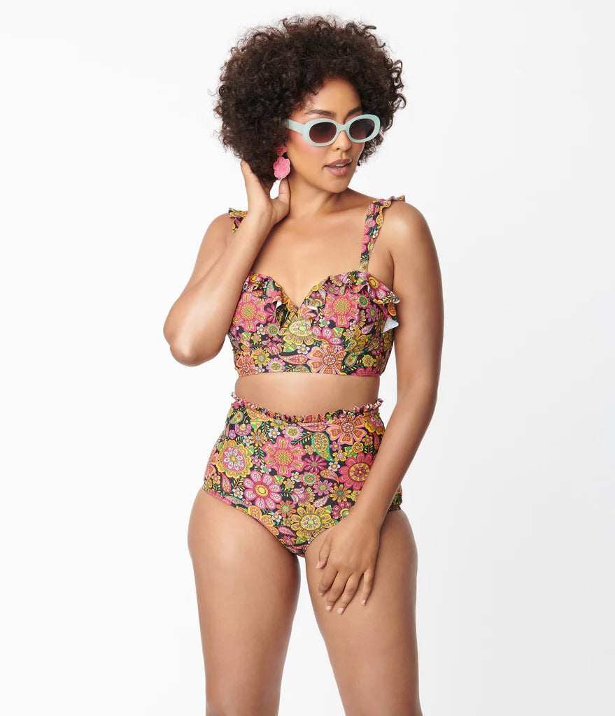 Kaleidoscope Floral Ruffle High Waist Bikini By Unique Vintage - S-3X
