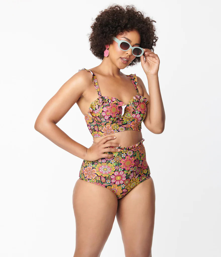 Kaleidoscope Floral Ruffle High Waist Bikini By Unique Vintage - S-3X