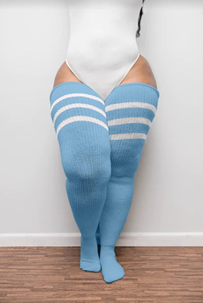 Thunda Thighs Thigh High Socks In Pastel Blue with White Stripes - Short +  Long Lengths