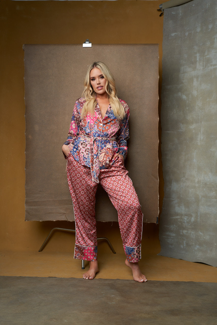 Patchwork Print Satin Wrap PJ Set- sizes S-XXXL