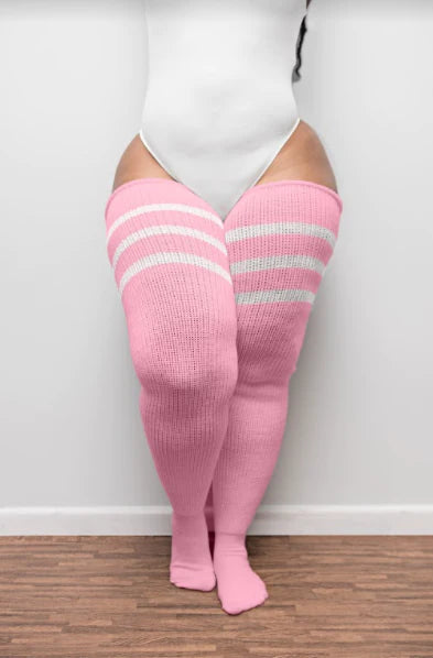 Thunda Thighs Thigh High Socks In Pastel Pink with White Stripes Short Long Lengths