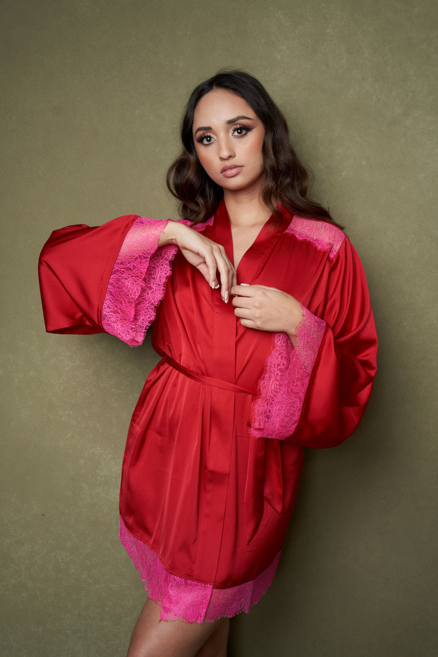 Satin + Lace Short Robe In Lipstick Red / Hot Pink - S-XXXL