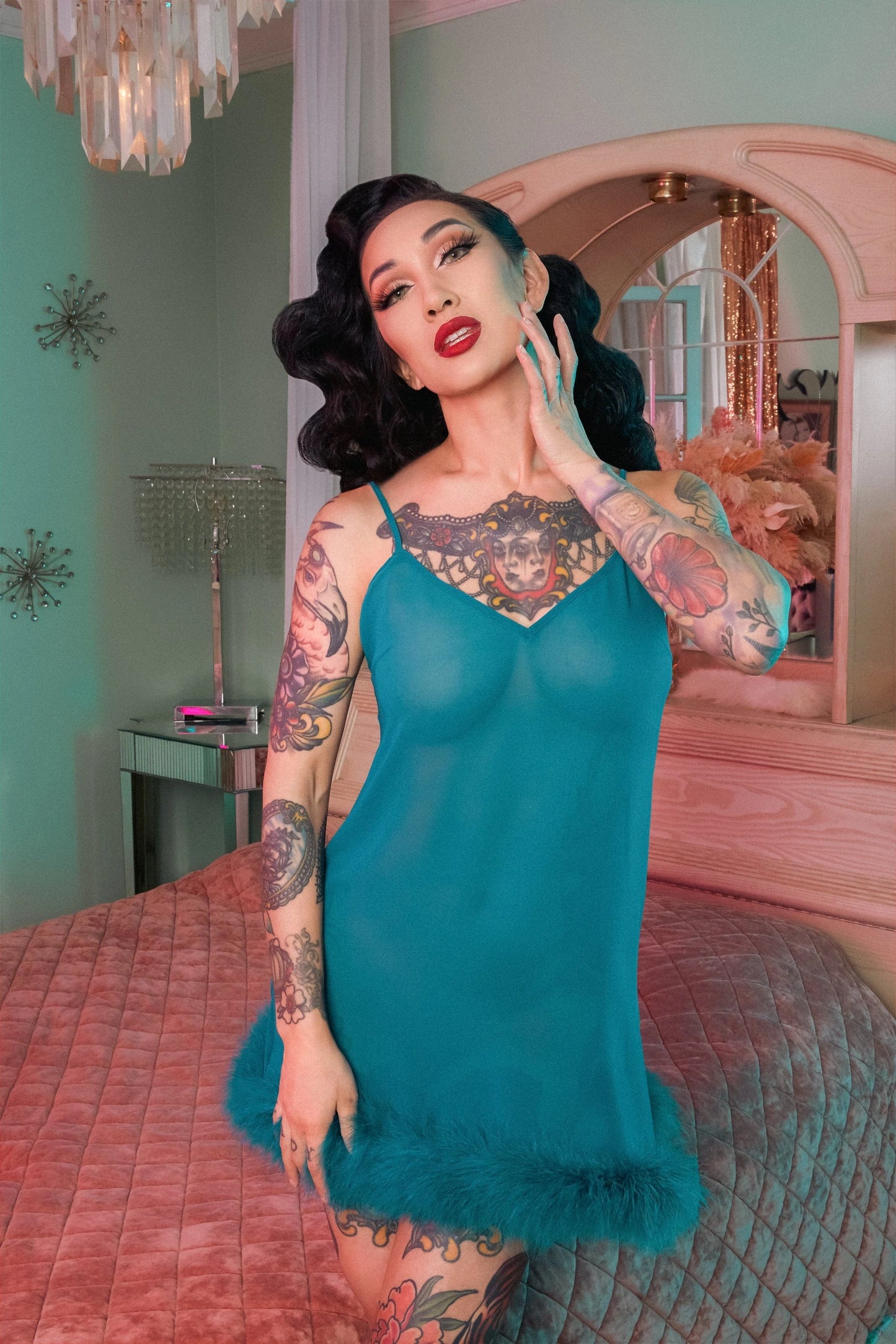 Teal Feather Trim Babydoll - sizes 4-16