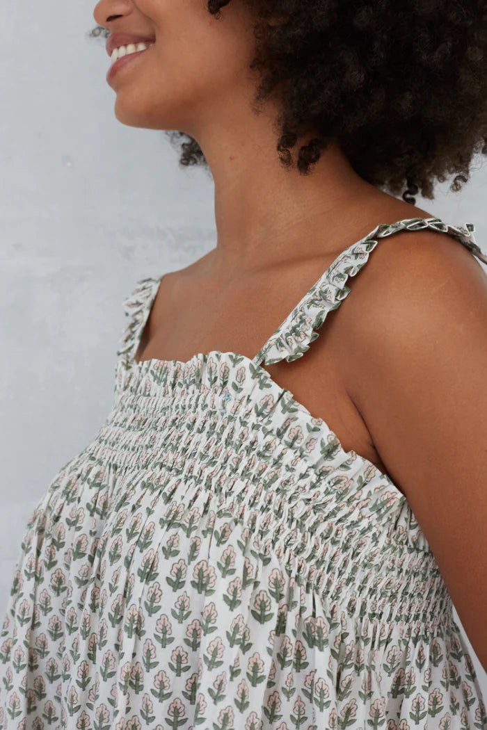 Tulip Smocked Ruffle Nightie in White And Pearl Pink By Dilli Grey - S-XL
