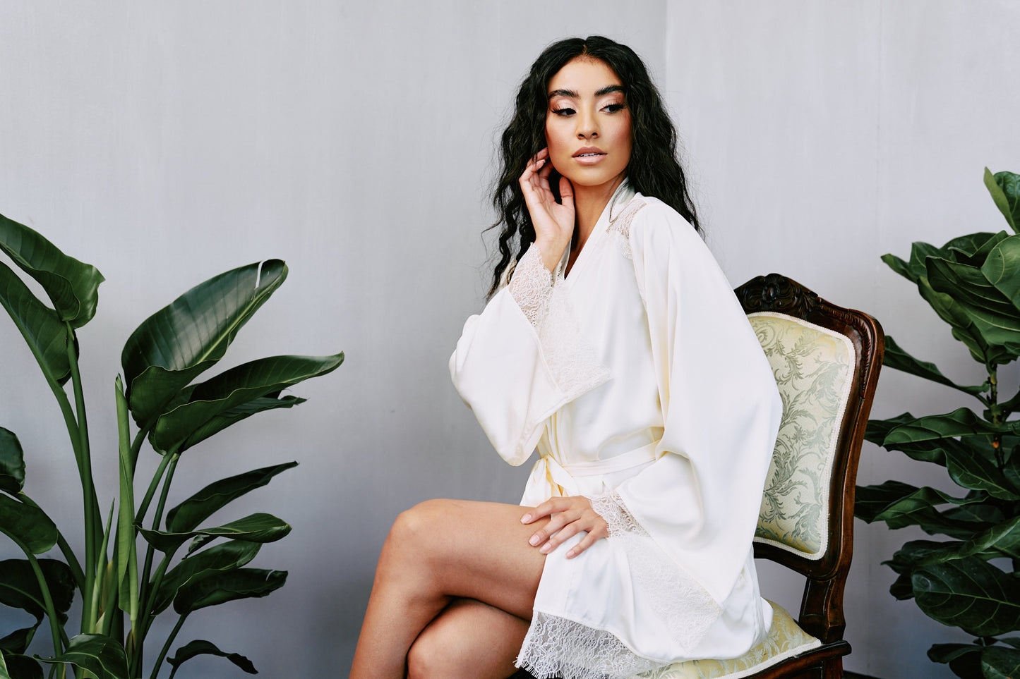 Satin + Lace Short Robe in Ivory By Kilo Brava - S-XXXL