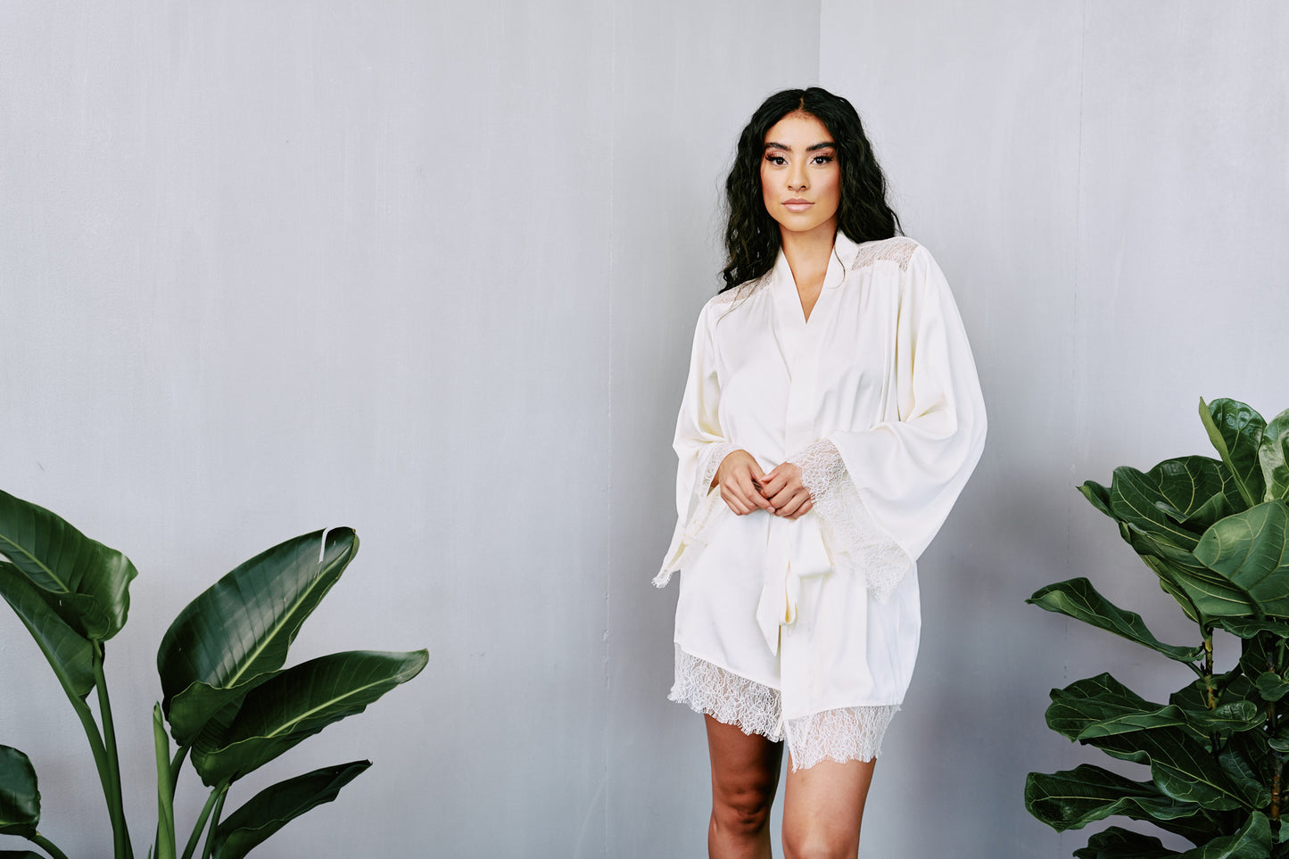 Satin + Lace Short Robe in Ivory By Kilo Brava - S-XXXL
