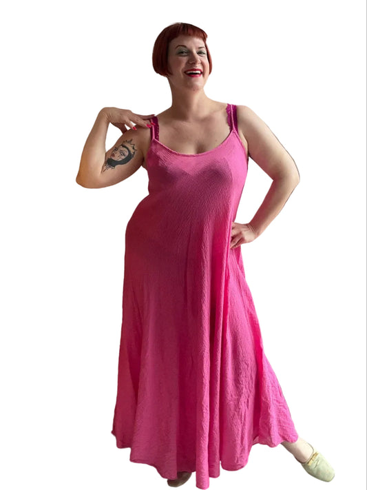 Crinkle Cotton Long Dress in Fuchsia, Turquoise & Denim By Eternelle - S-XL(++)