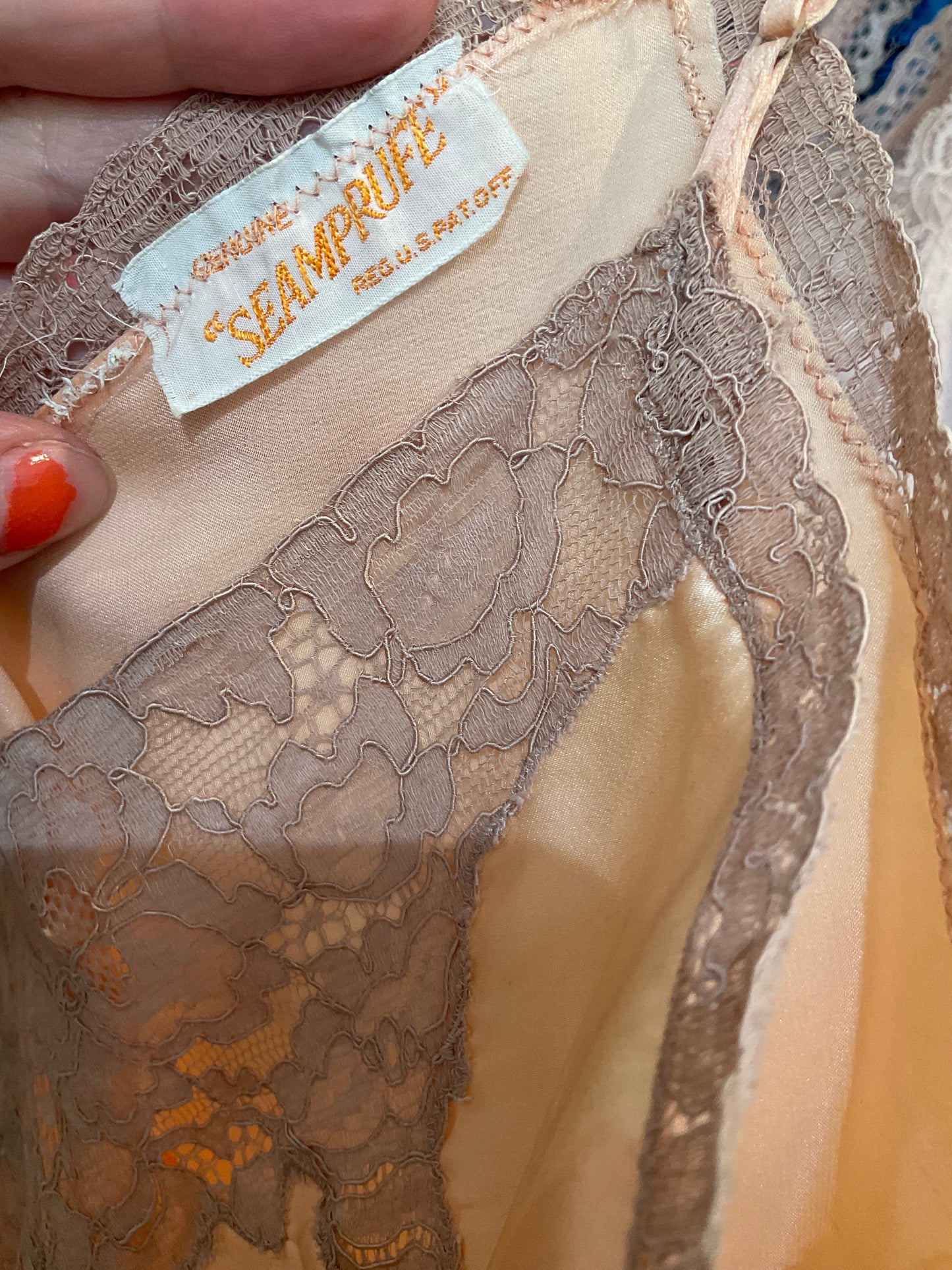 #163 DEADSTOCK Peach Silk and Lace 1930's Bias Cut Slip By Seamprufe - S/M+