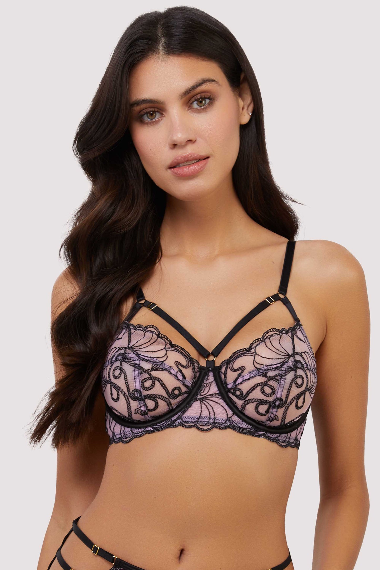 Jessie Pink & Black Whip Embroidery Balconette Bra By Playful Promises - 30-44 B-H (UK)
