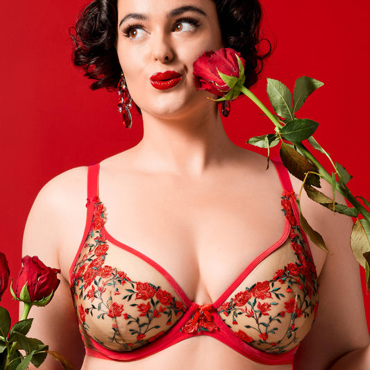 Rosewyn Curve Plunge Bra in Flame Red By Dita Von Teese - 38-44 D-FF (UK)/D-H (US)