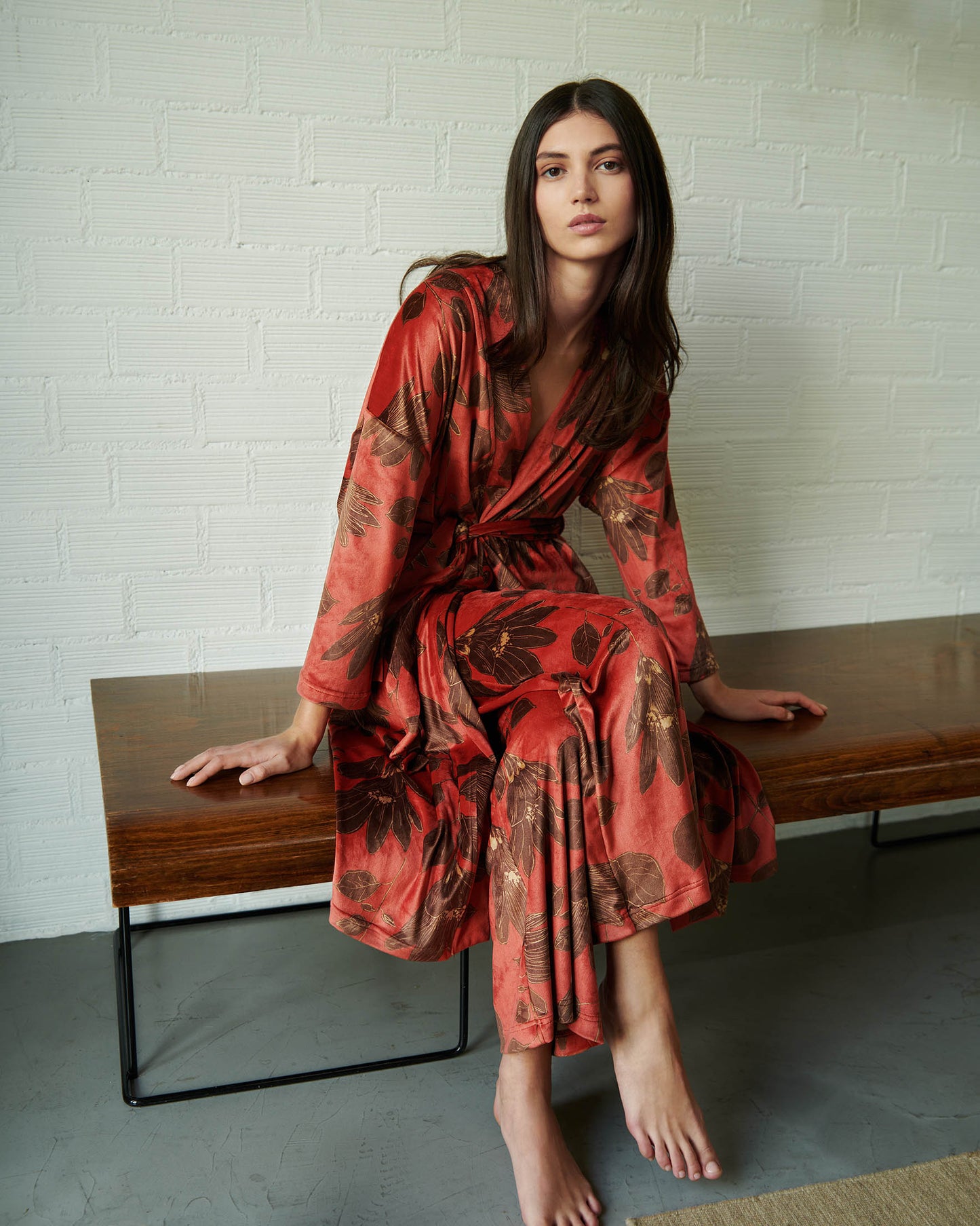 Red Nova Velvet Lily Print Velvet Robe / Dressing Gown By Vamp - S-3XL