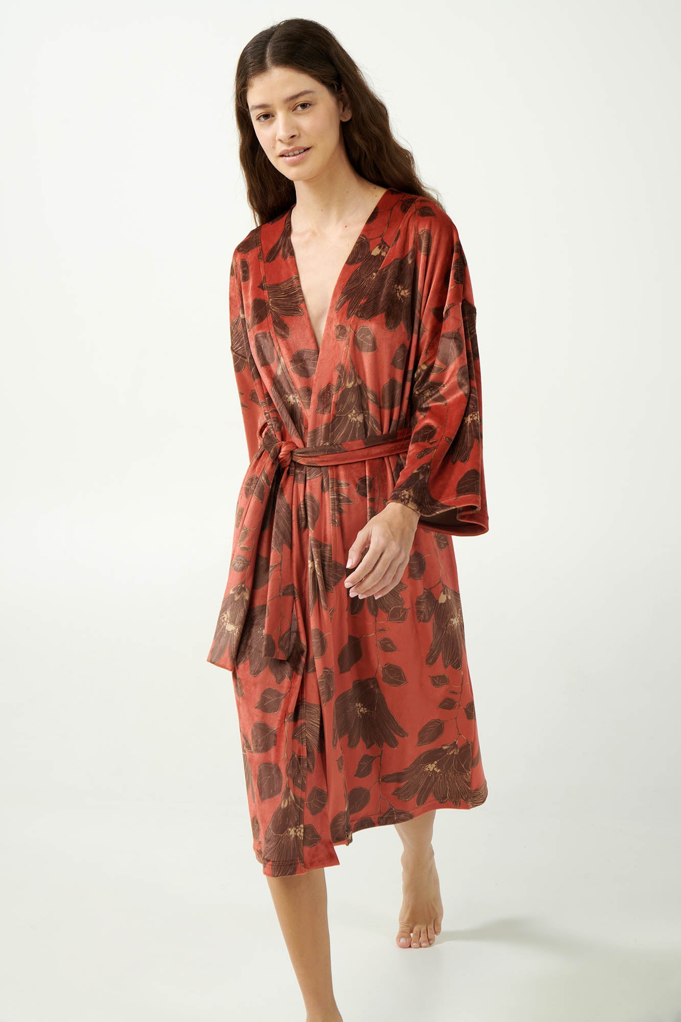 Red Nova Velvet Lily Print Velvet Robe / Dressing Gown By Vamp - S-3XL