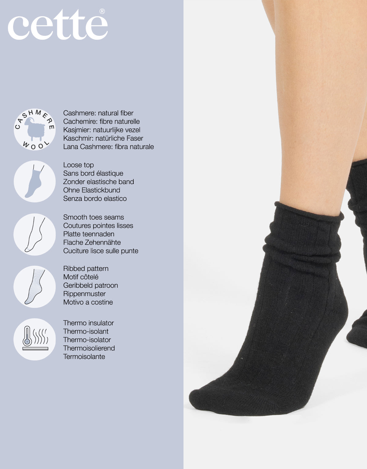 Ribbed Cashmere Blend Loose Top Socks - Black + Sand