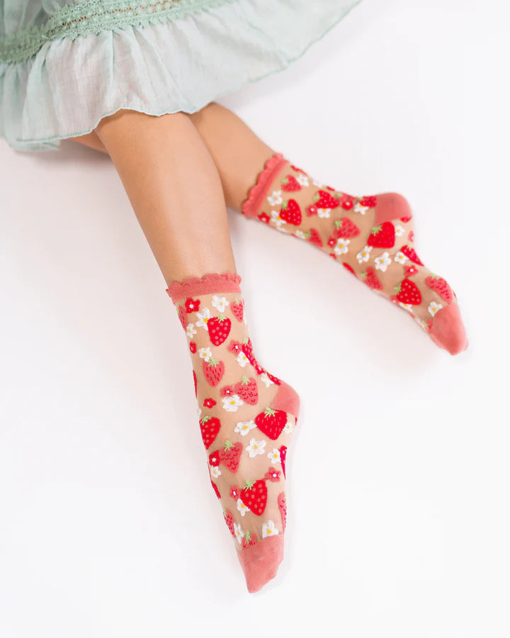 Strawberry Daisy Ruffle Sheer Sock By Sock Candy