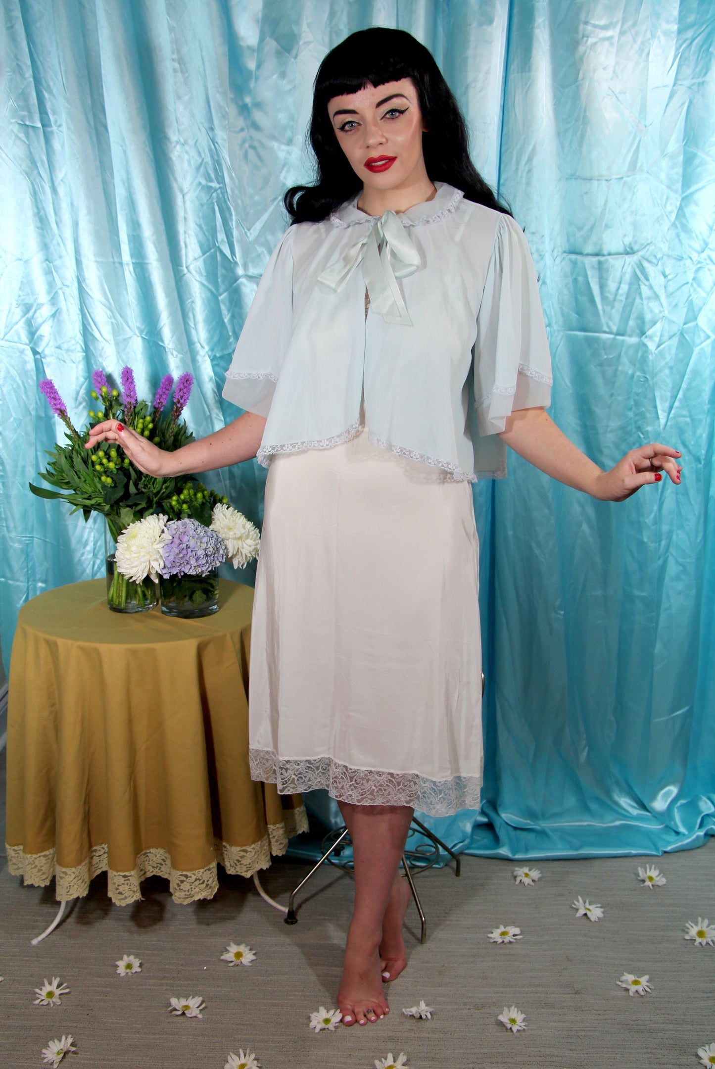 #167 1950's Baby Blue Nylon and Lace Bedjacket by Rogers - S/M/L+
