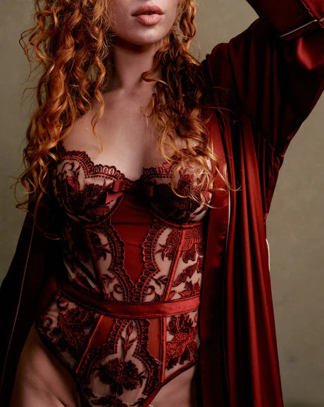 Embroidered Underwired Bodysuit in Ruby Wine By Kilo Brava - S - XXXL