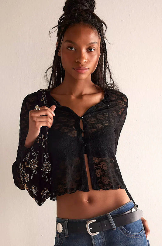 Stretch Lace Classic Cardi in Black by Only Hearts -S-L+