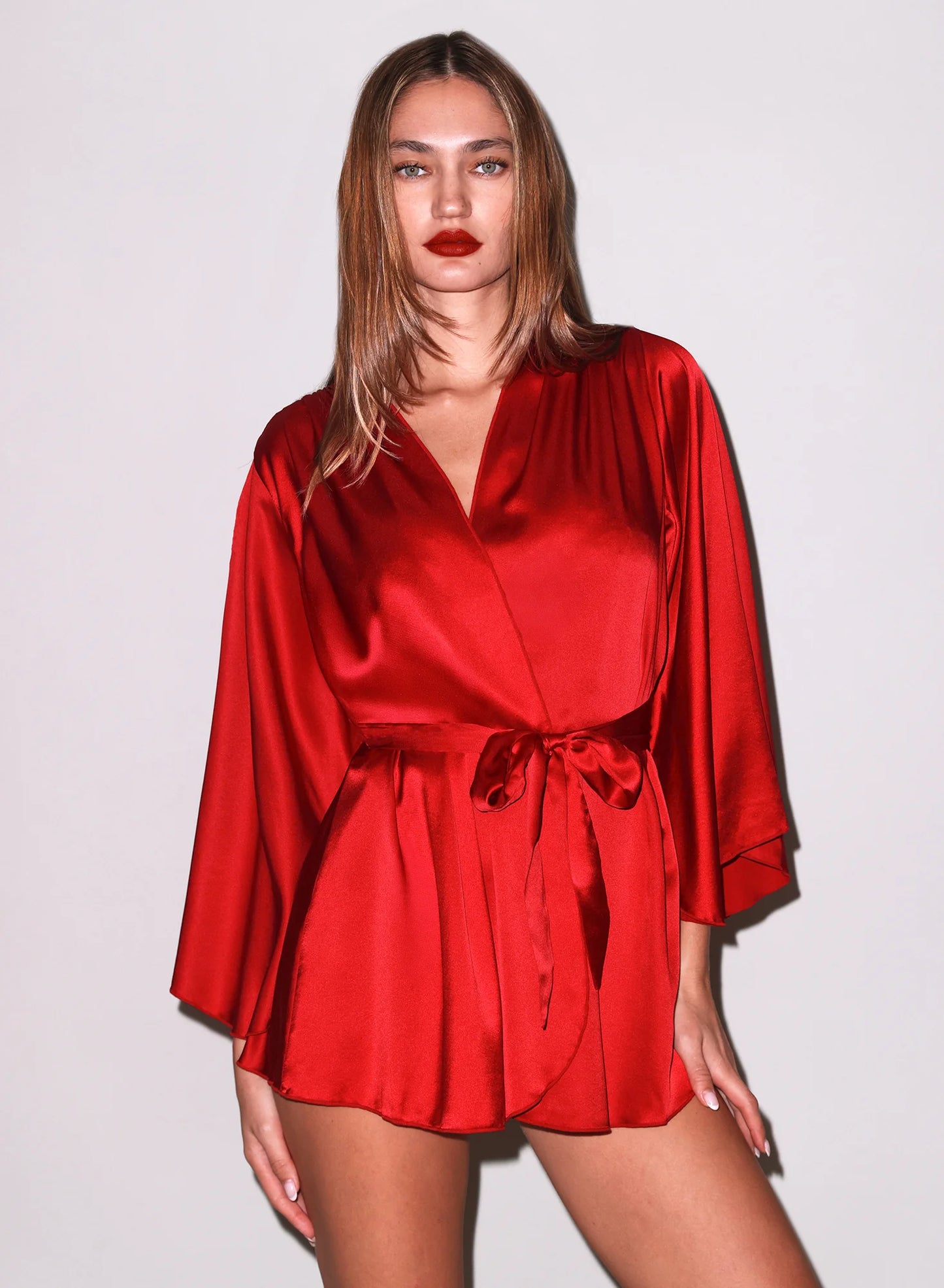 Angel Sleeve Silk Robe in Red By Fleur Du Mal - XS-L