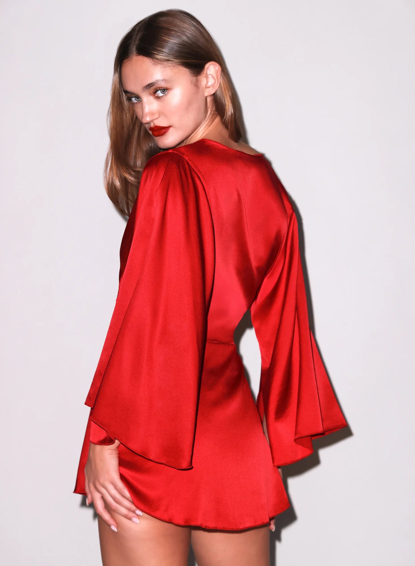 Angel Sleeve Silk Robe in Red By Fleur Du Mal - XS-L