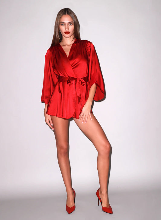 Angel Sleeve Silk Robe in Red By Fleur Du Mal - XS-L