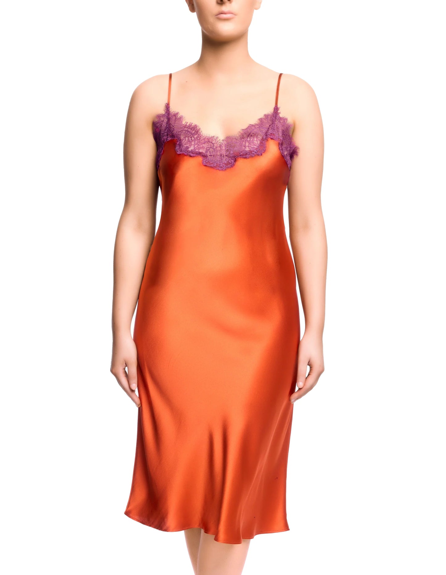 Scarlett Midi Chemise in 100% SILK Orange Spritz/Blackberry by Satined Sisters - XS-XL (++)