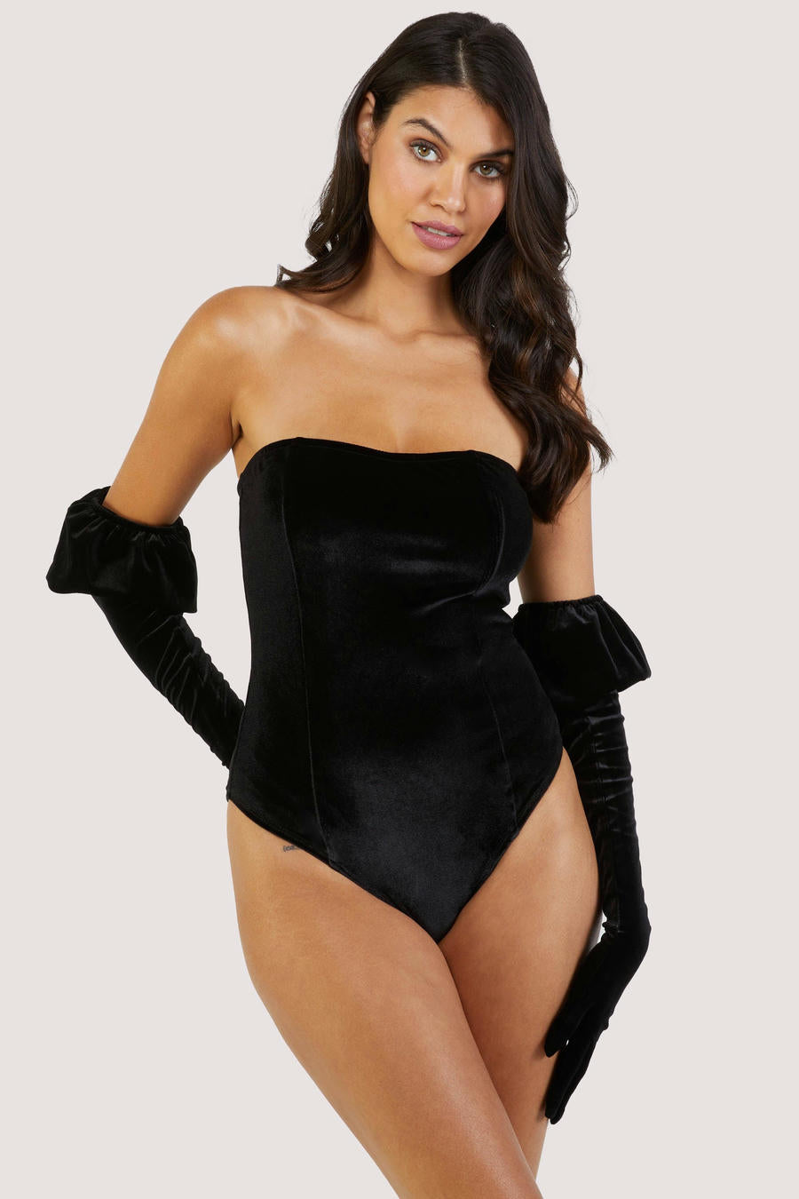 Halina Velvet Bodysuit with puff sleeve gloves by Playful Promises - sizes 4-16