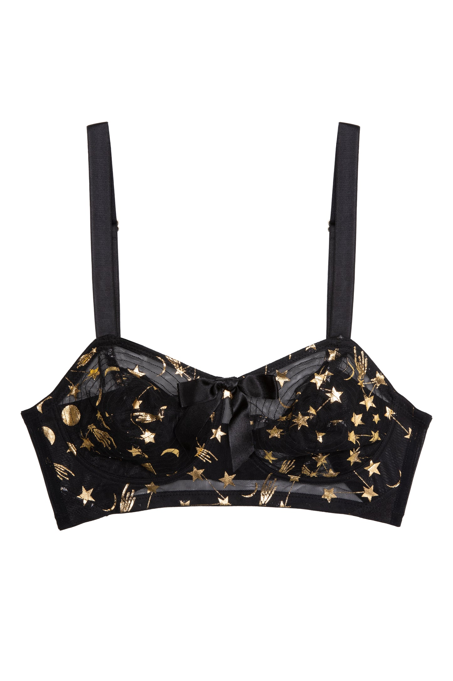 Solar Gold And Black Cosmic Print Bullet Bra By Bettie Page - 32B-42F (UK size)