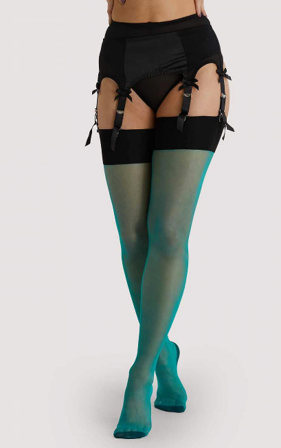 Bow Back Half Seamed Stockings Black on Quetzal Green - Size 4-18