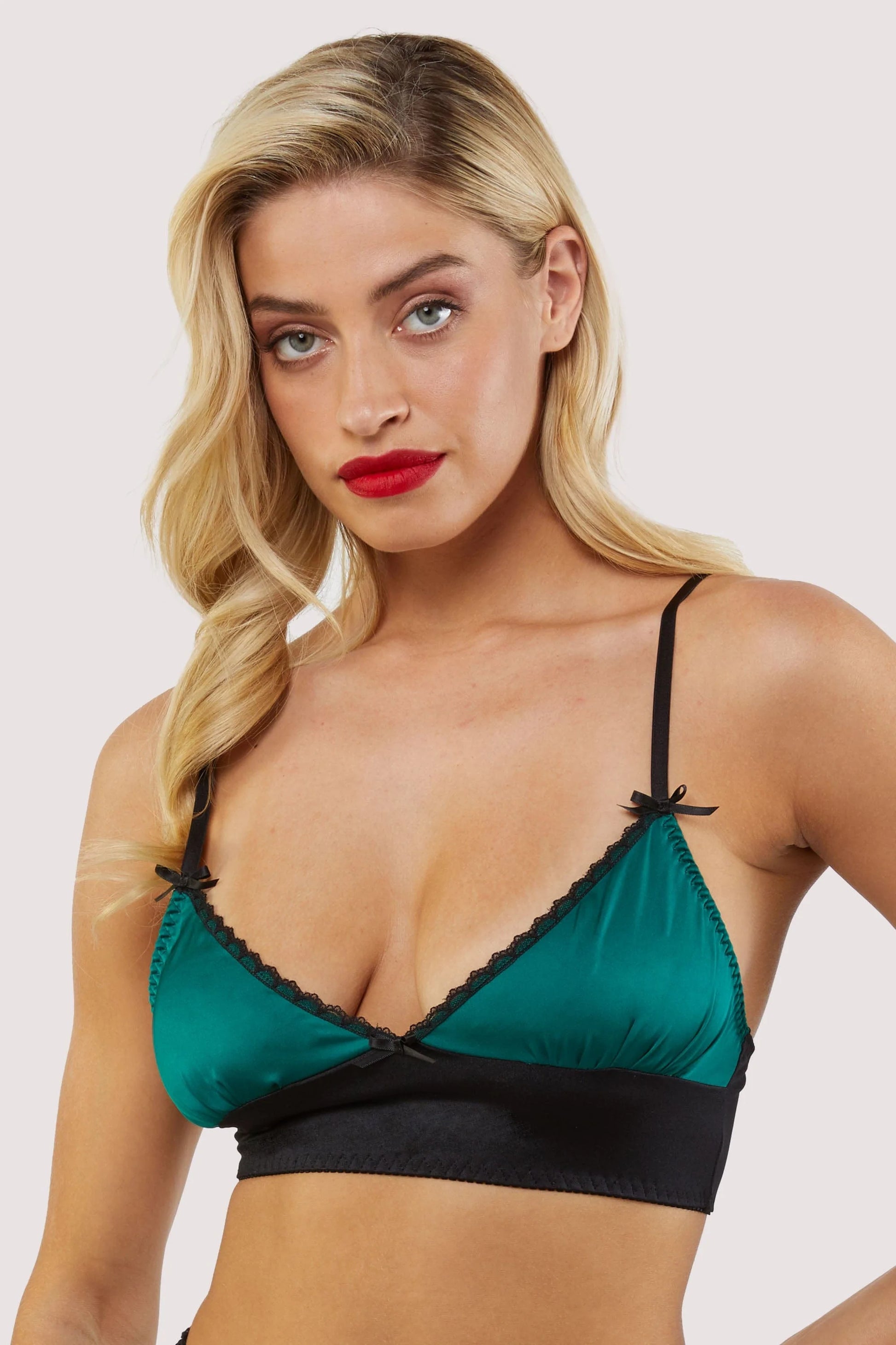 Emerald Green Underwired Lace Up Satin Lace Trim Bra