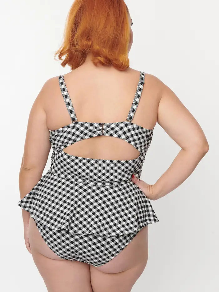 A lovely black and white print one piece for an F and G cup bust. Plus Sizes.  Sequins and Sand