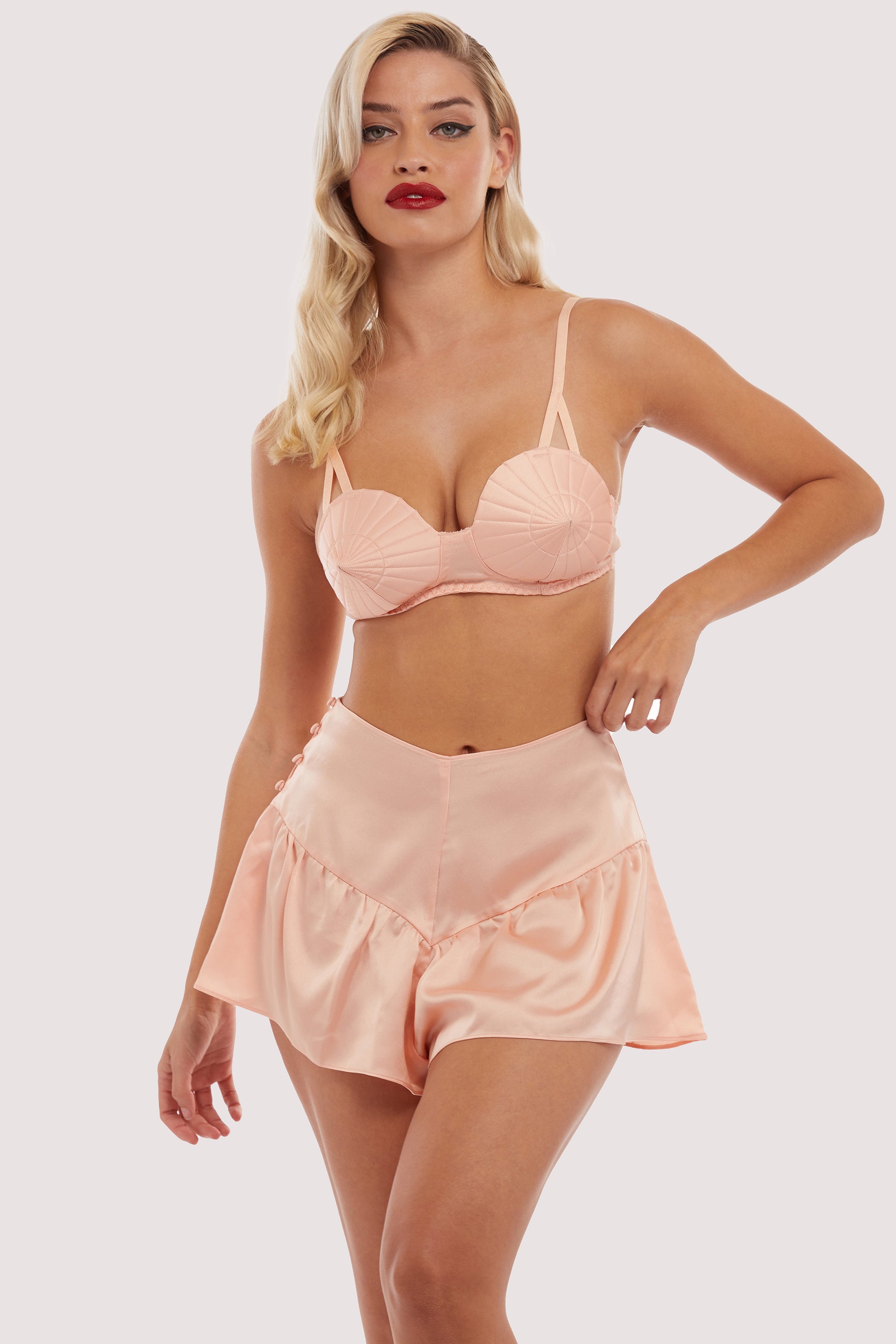 Bettie Page Peach Pink Heart Lace French Knicker - sizes 4 - 14