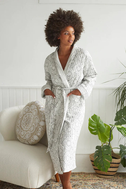 Star Jaal Quilted Organic Cotton Robe in Ash Grey By Dilli Grey - M/L