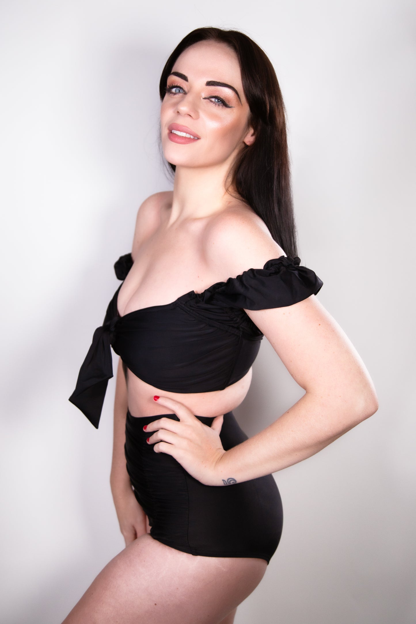 Ruffled and Ruched Black Bikini By Unique Vintage - sizes XS-3X