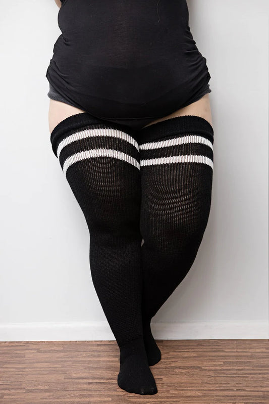 Thunda Thighs Thigh High Socks In Black with White Stripes