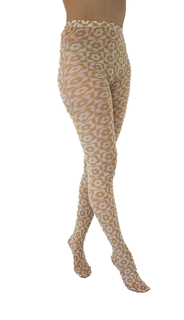 Checkerboard Floral Printed Tights - sizes 4-20