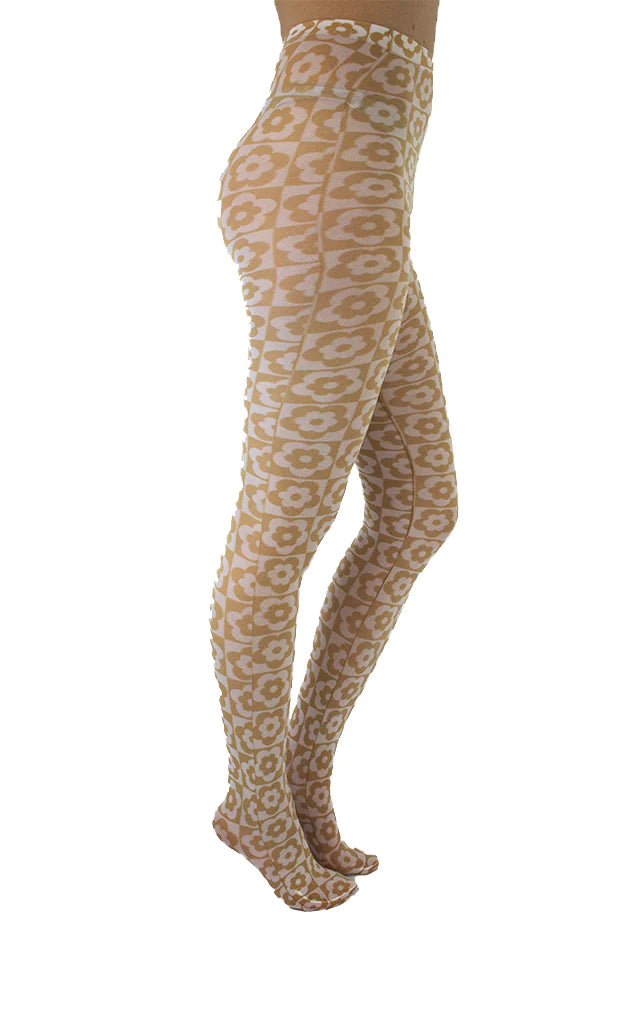 Checkerboard Floral Printed Tights - sizes 4-20