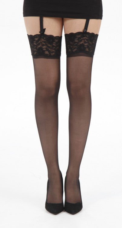 Lace Top Seamless Sheer Black Stockings - sizes 4-20