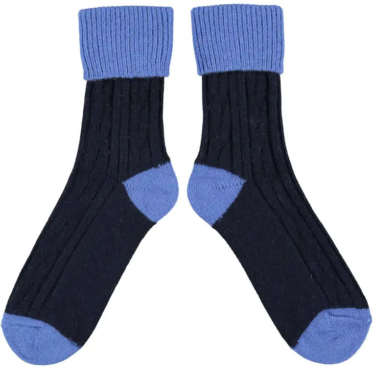 Cashmere Mix Slouch Socks - Navy with Bright Blue (Medium + Large size)