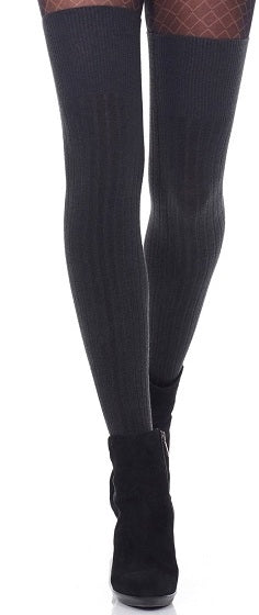 Ribbed Merino Wool Over The Knee Socks - Black + Graphite