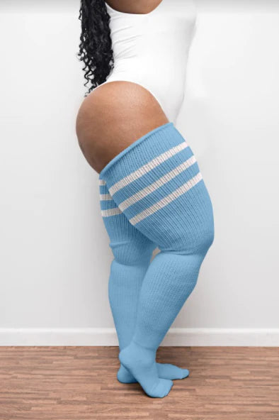 Thunda Thighs Thigh High Socks In Pastel Blue with White Stripes - Short + Long Lengths