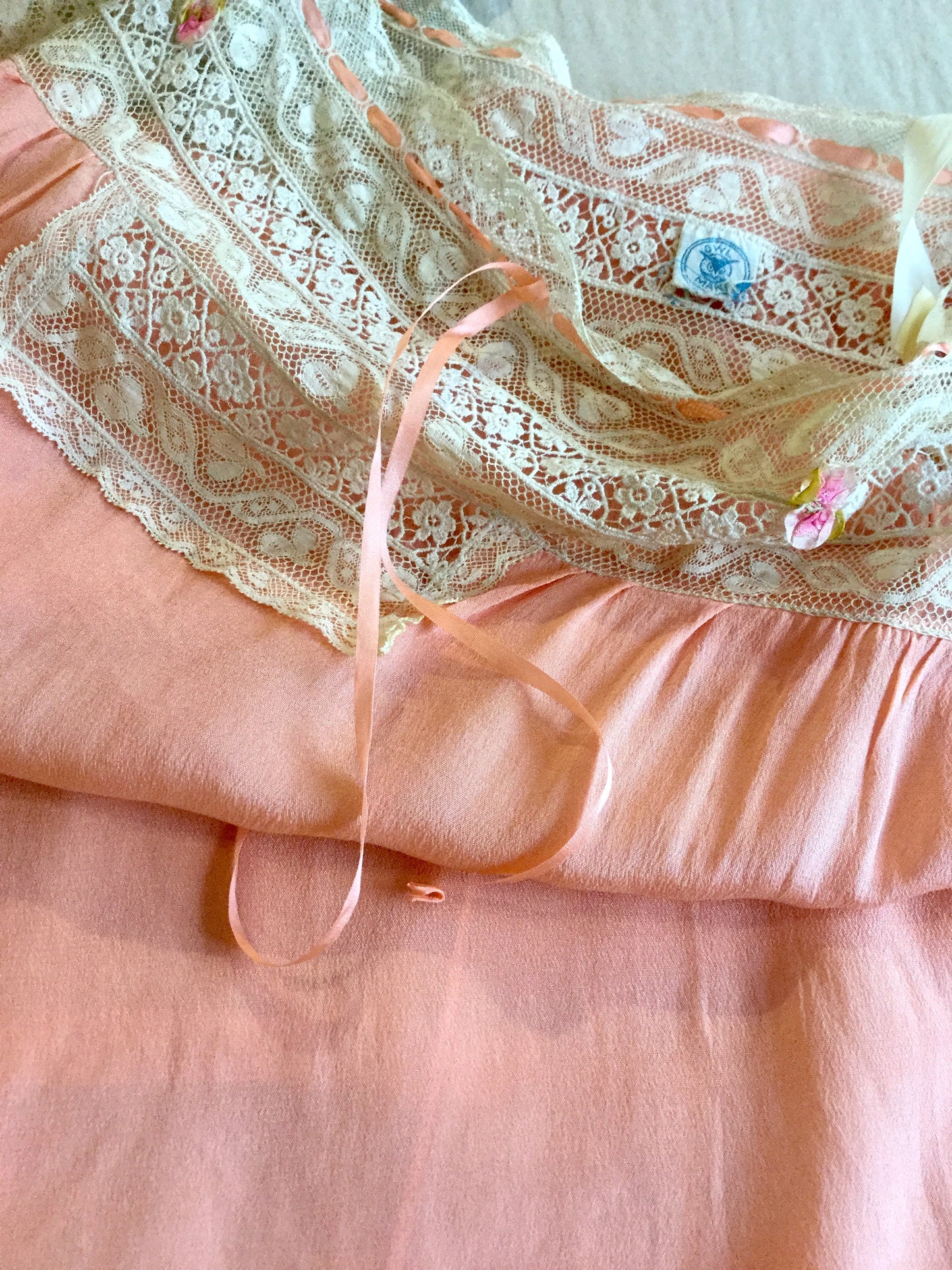Bright Peach 1920's Silk Step-in with Pink Flowers M #073