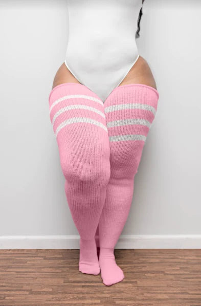 Thunda Thighs Thigh High Socks In Pastel Pink with White Stripes - Short + Long Lengths