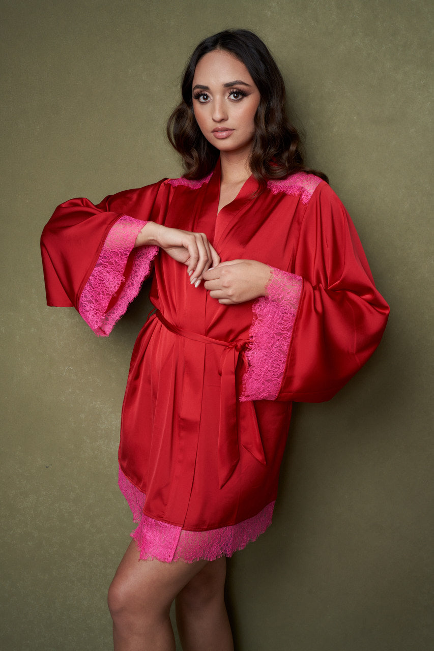 Satin + Lace Short Robe In Lipstick Red / Hot Pink - S-XXXL