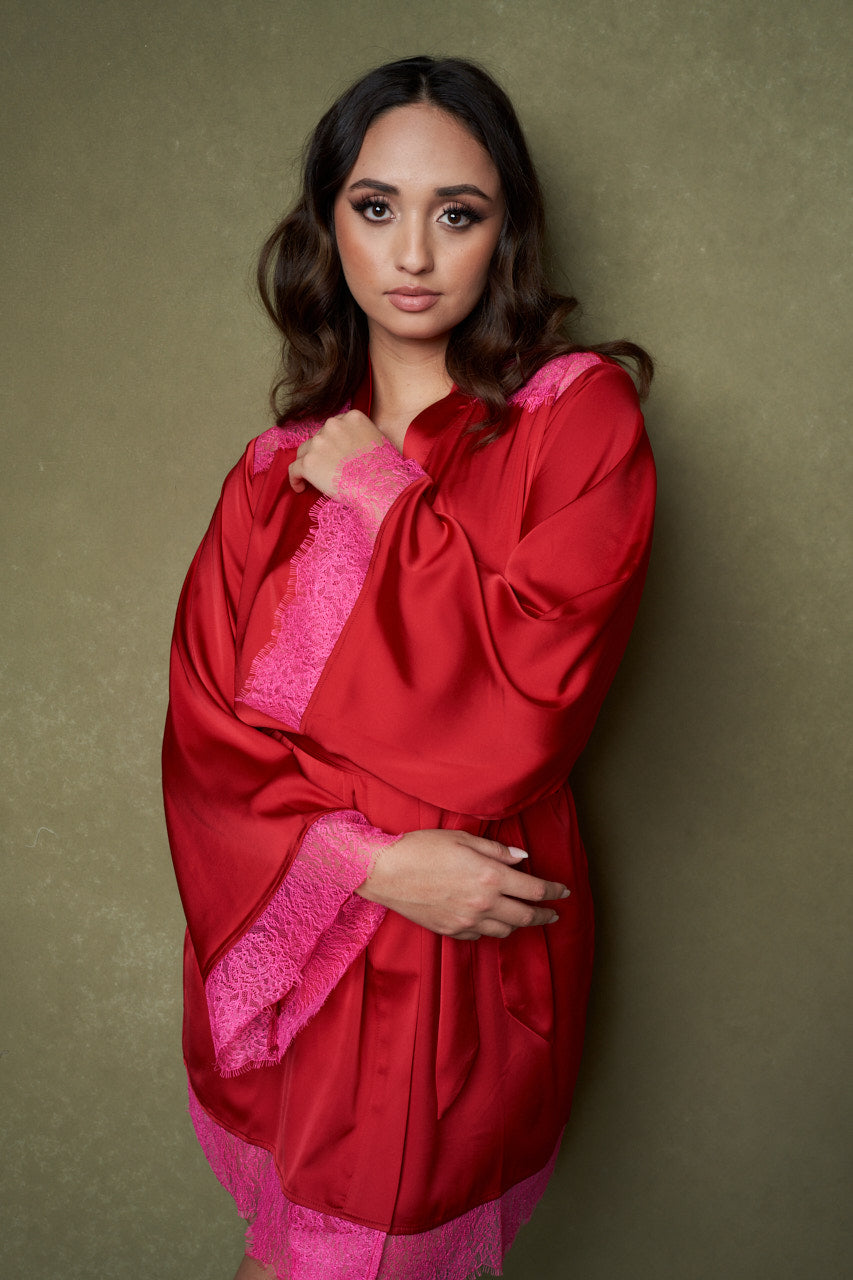 Satin + Lace Short Robe In Lipstick Red / Hot Pink - S-XXXL