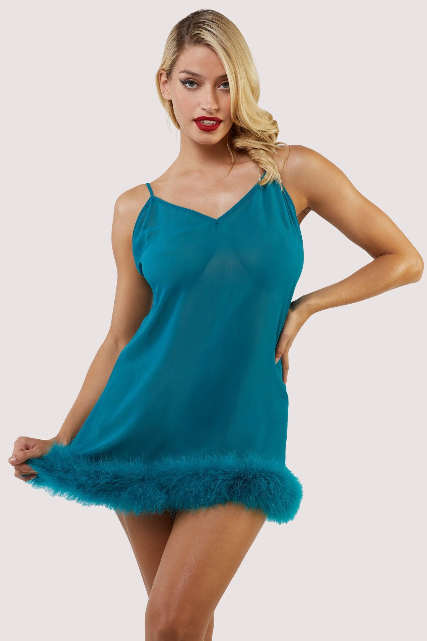 Teal Feather Trim Babydoll - sizes 8-14