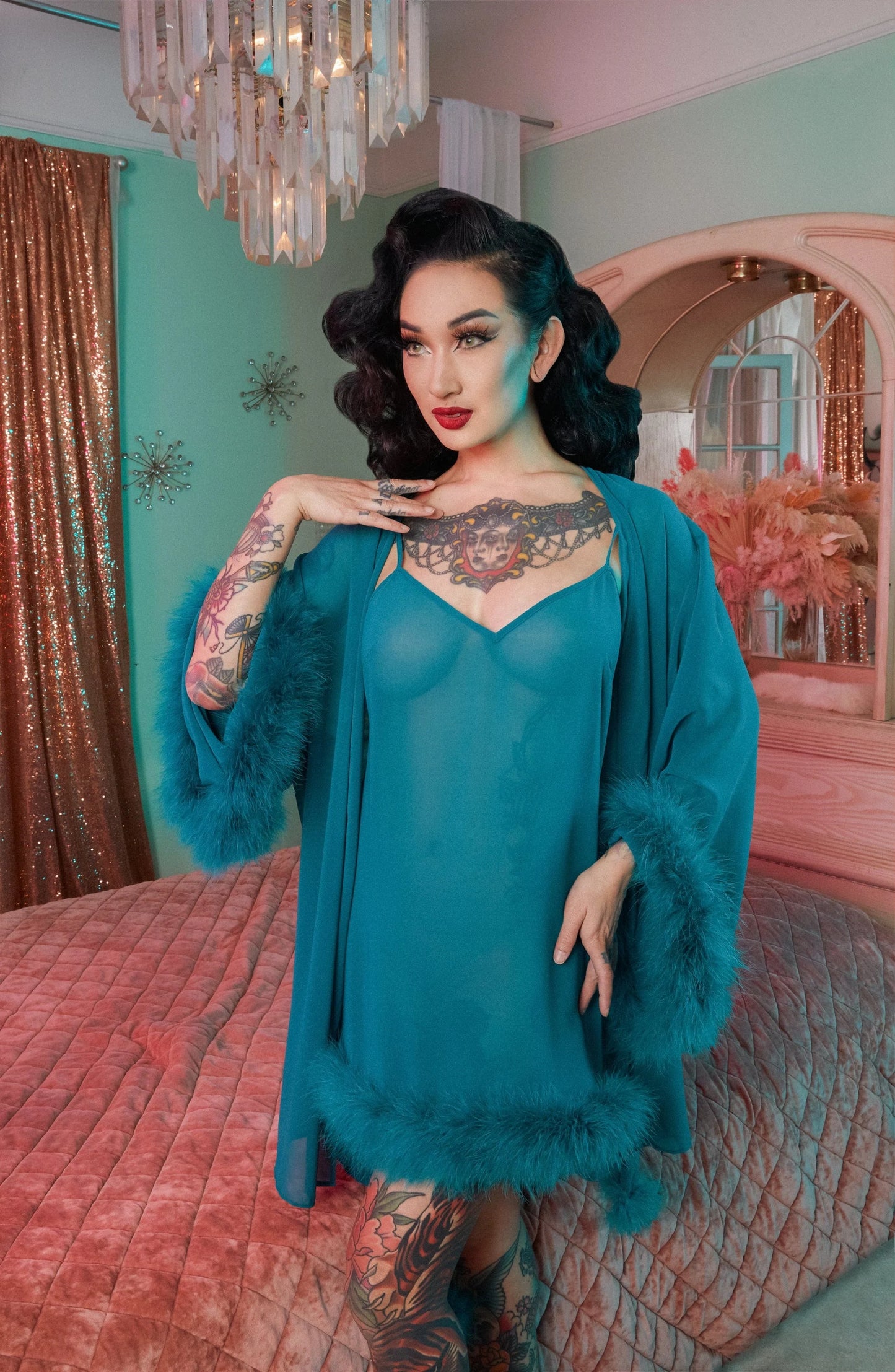 Teal Feather Trim Robe - sizes 6, 8 + 12