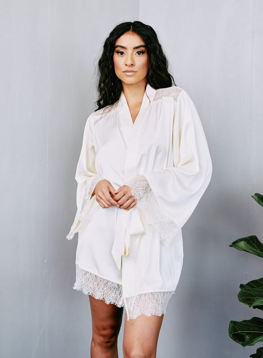 Satin + Lace Short Robe in Ivory By Kilo Brava - M-XXL